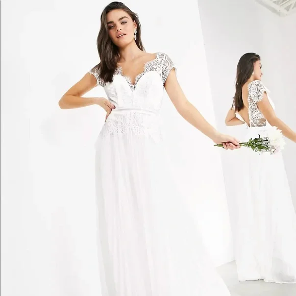 ASOS White Lace Cap Sleeve Wedding Dress - Picture 2 of 7